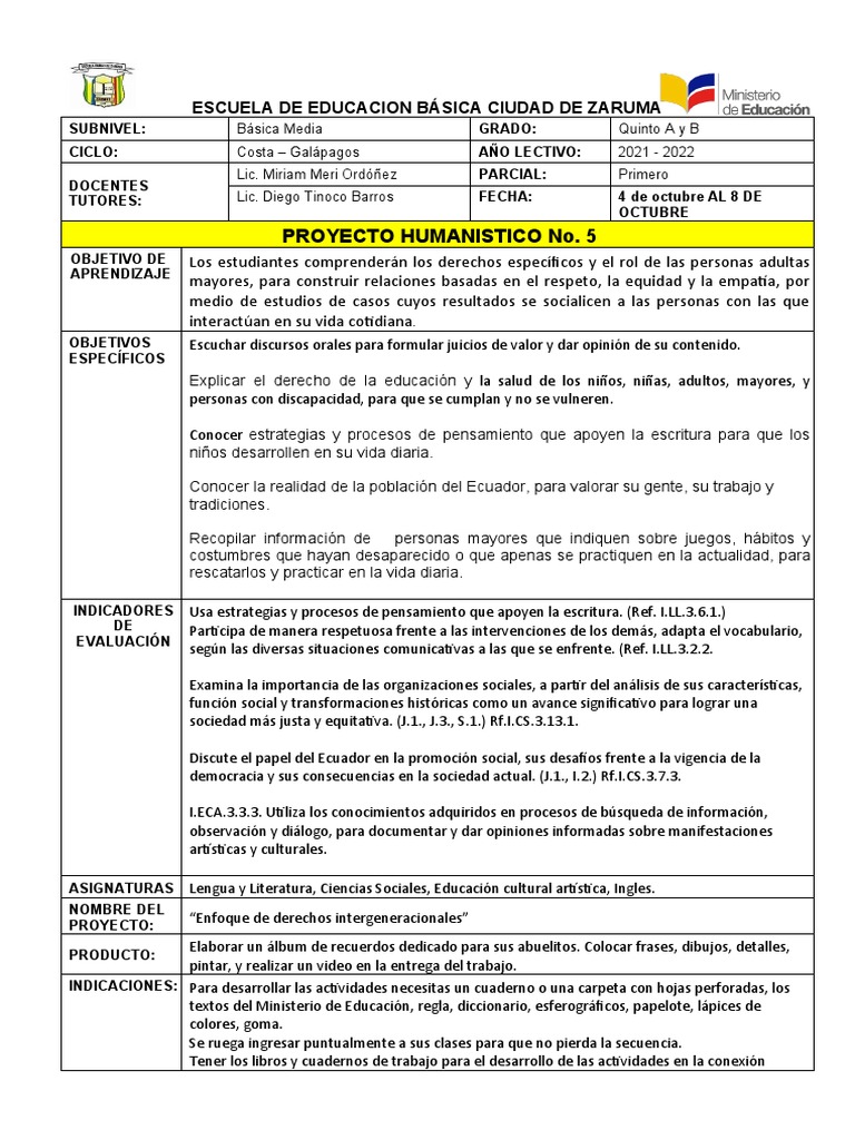 Proyecto Humanistico 5 Quinto PDF Agricultura Invalidez