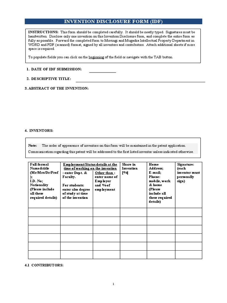 IDF-Template, Invention Disclosure Form | PDF | Prior Art | Thesis