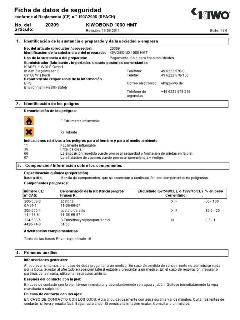 MSDS Kiwobond-1000-Hmt Pega de Malla | PDF | Agua | Residuos