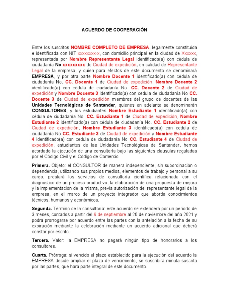 Formato Acuerdo Cooperación Modelo | PDF