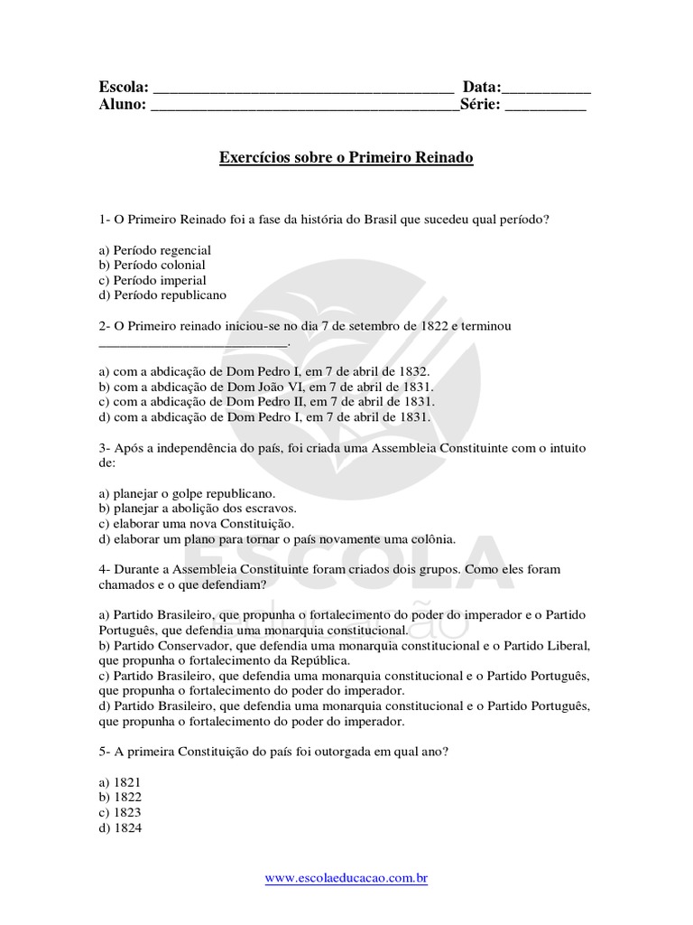 Exercicios Primeiro Reinado | PDF | Monarquia | Brasil