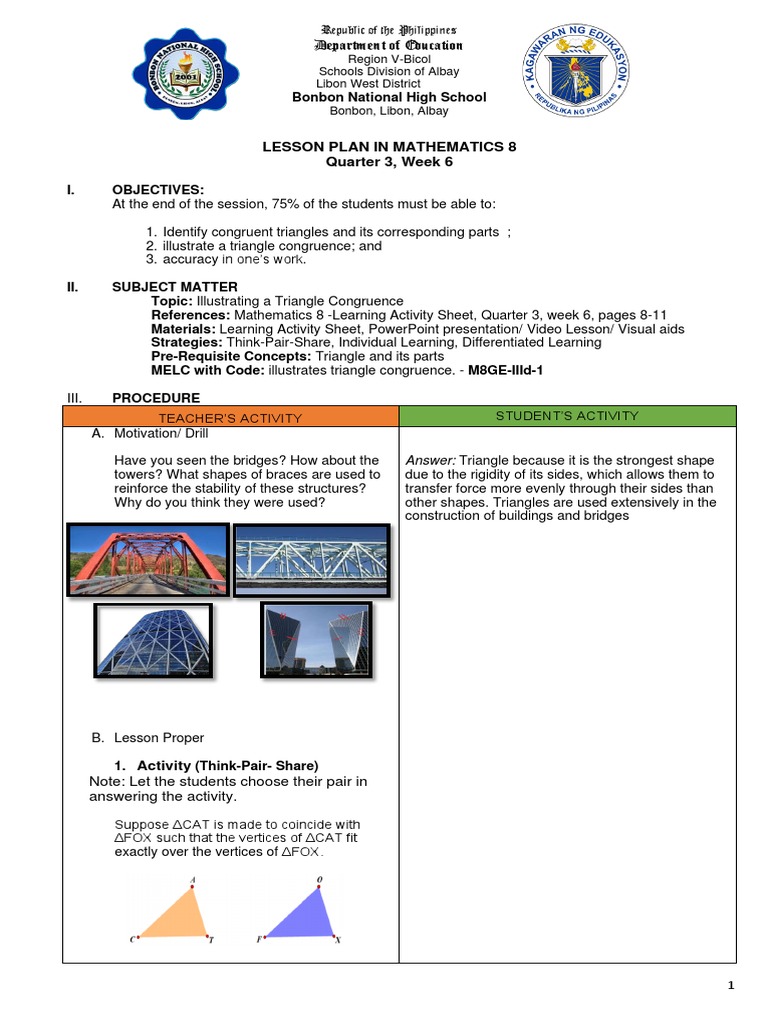 Triangle Congruence Lesson Plan for Grade 8 | PDF | Elementary ...