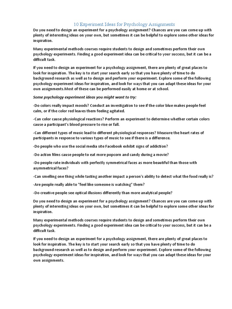 10 Experiment Ideas For Psychology Assignments PDF Experiment