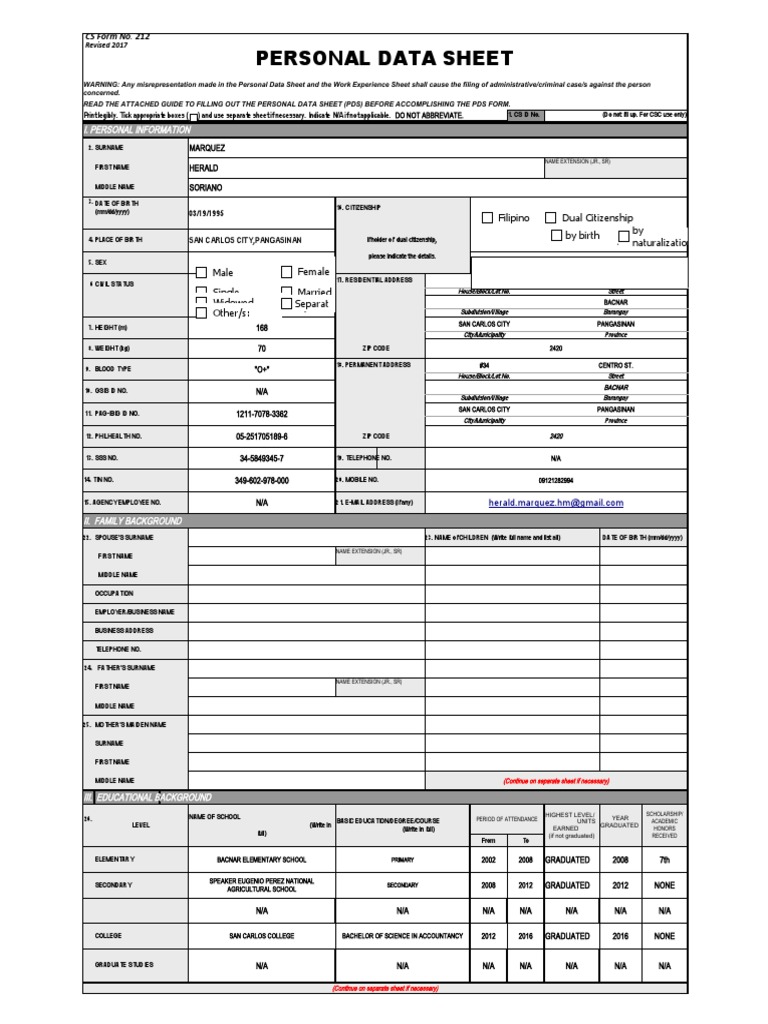 Personal Data Sheet Filipino Dual Citizenship by Birth by