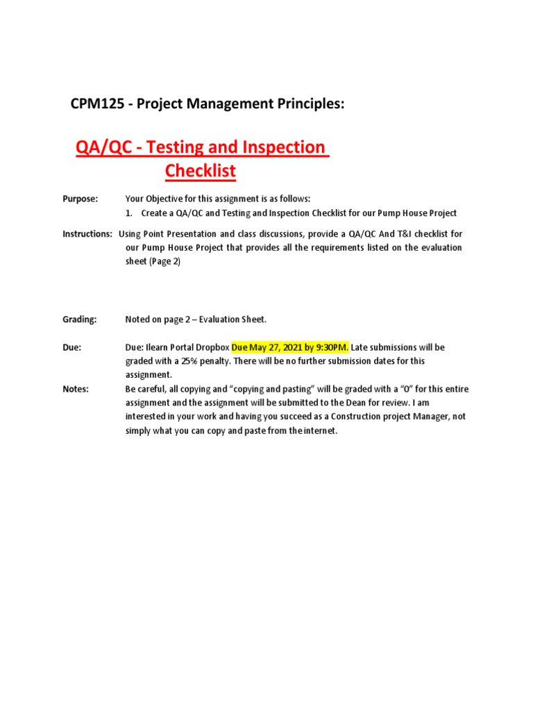 QA/QC - Testing and Inspection Checklist: CPM125 - Project Management ...