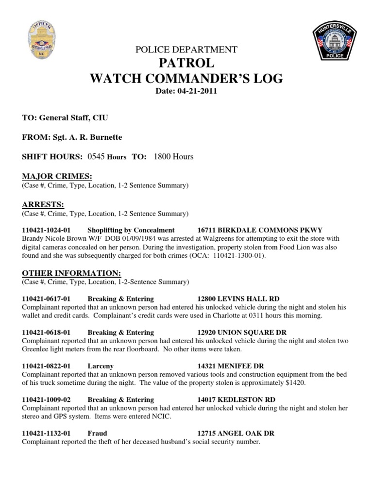 Watch Log 04-21-11day | PDF | Larceny | Theft