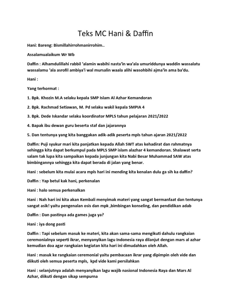 Teks MC MPLS SMP Al Azhar 2021 | PDF | Karier & Perkembangan