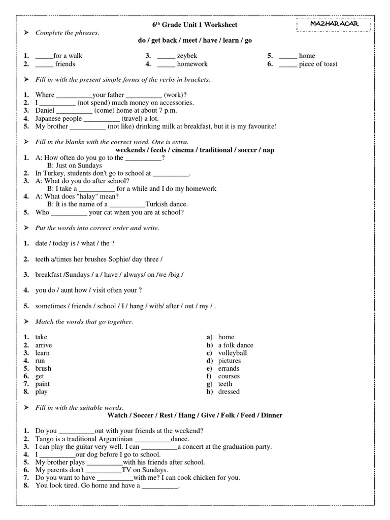 6th Grade English Grammar Worksheet | PDF | Lunch