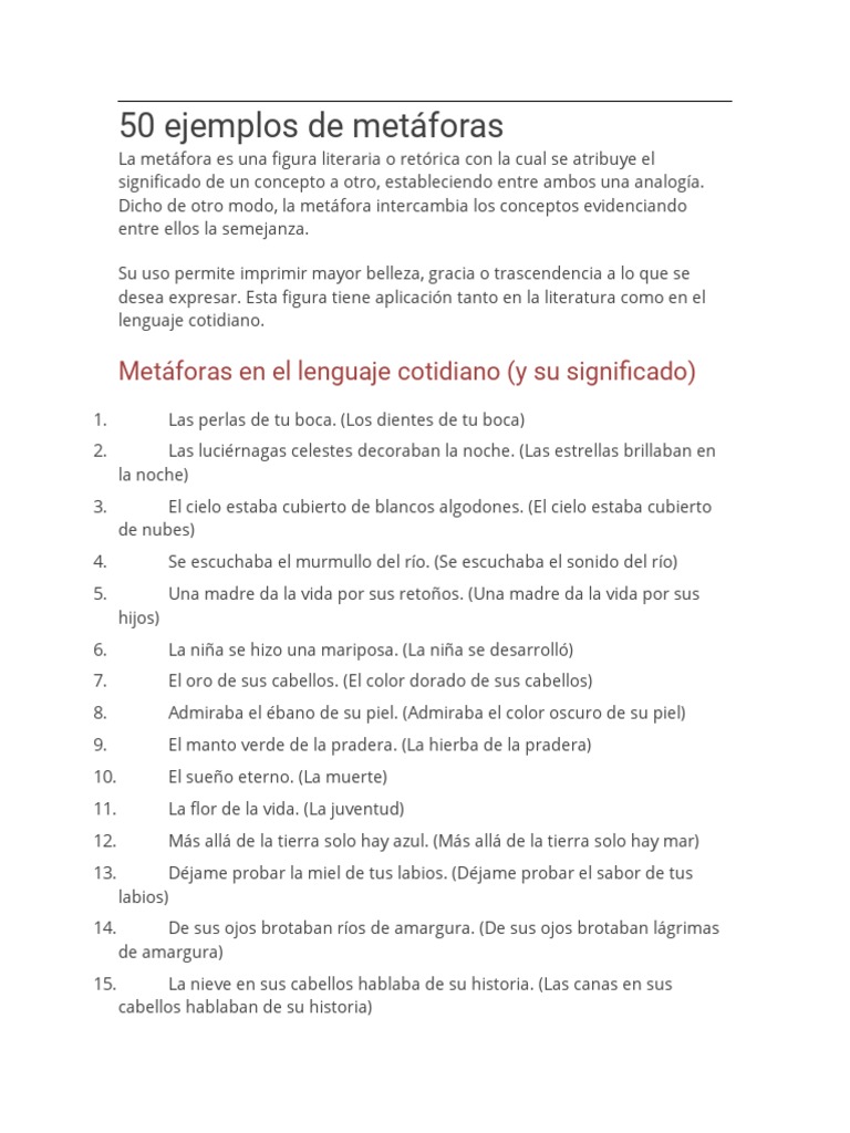 50 Ejemplos de Metáforas | PDF | Metáfora