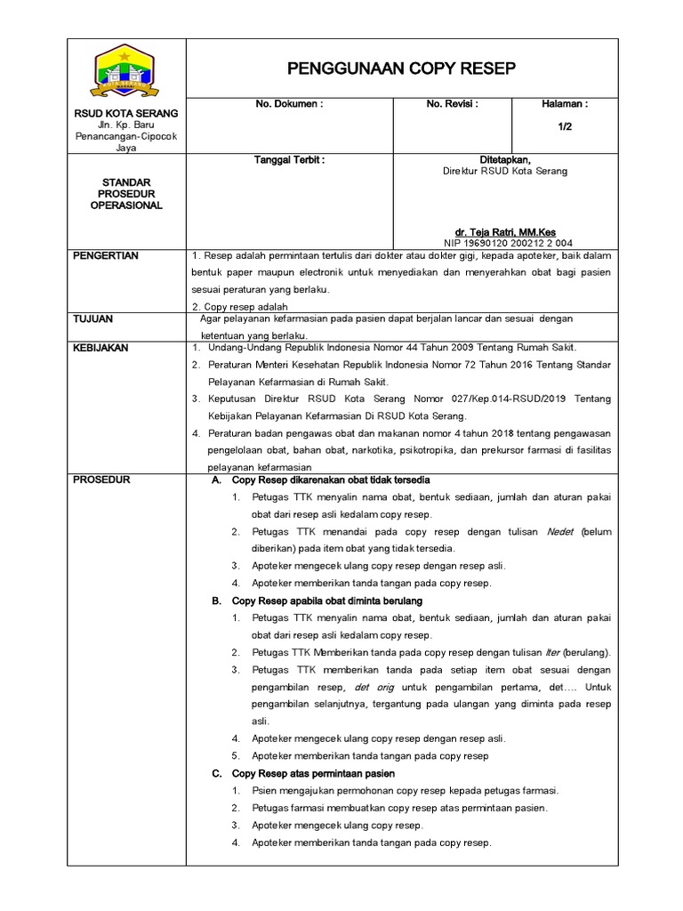 Spo Penggunaan Copy Resep | PDF
