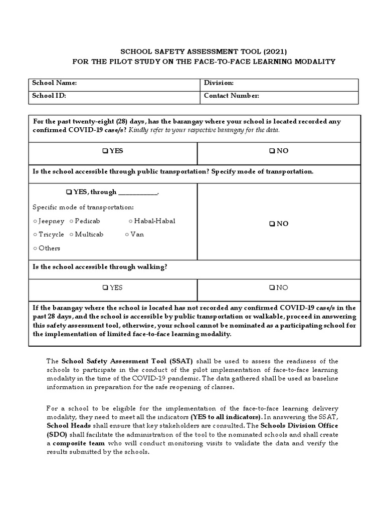 Annex B School Safety Assessment Tool PDF Personal Protective