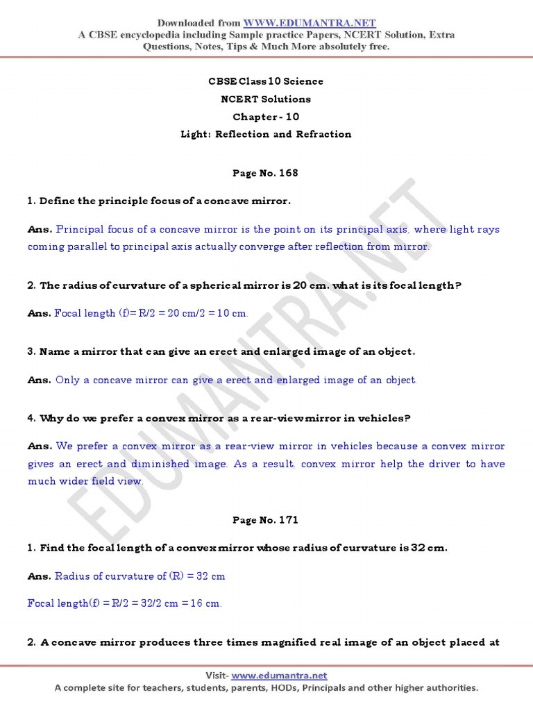 CBSE Class 10 Science: Light Solutions | PDF | Mirror | Optics