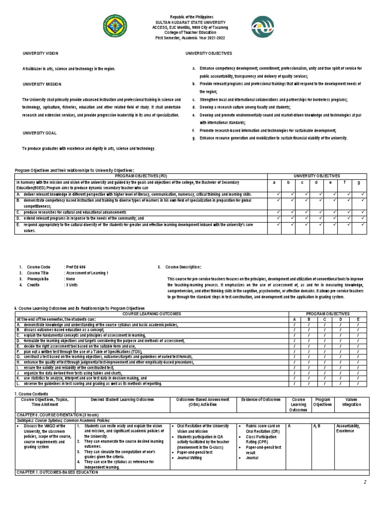 Assessment in Learning 1 Syllabus | PDF | Educational Assessment | Teachers