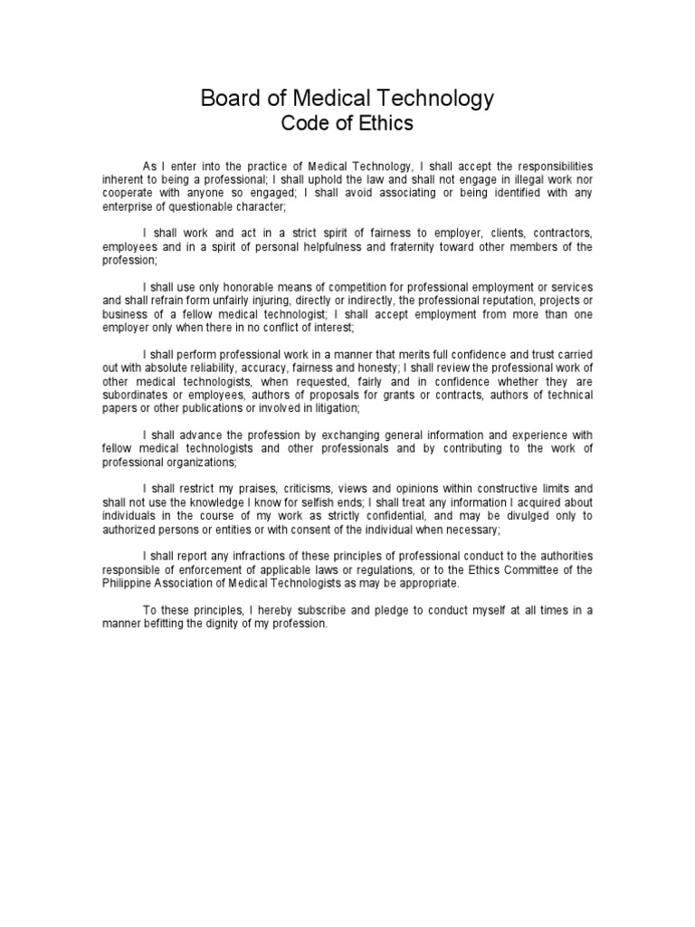 Board of Medical Technology Code of Ethics 0 PDF