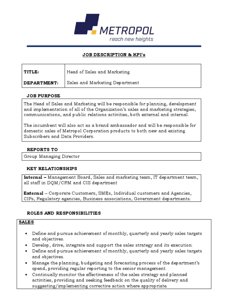 Head of Sales and Marketing Role | PDF | Marketing | Sales