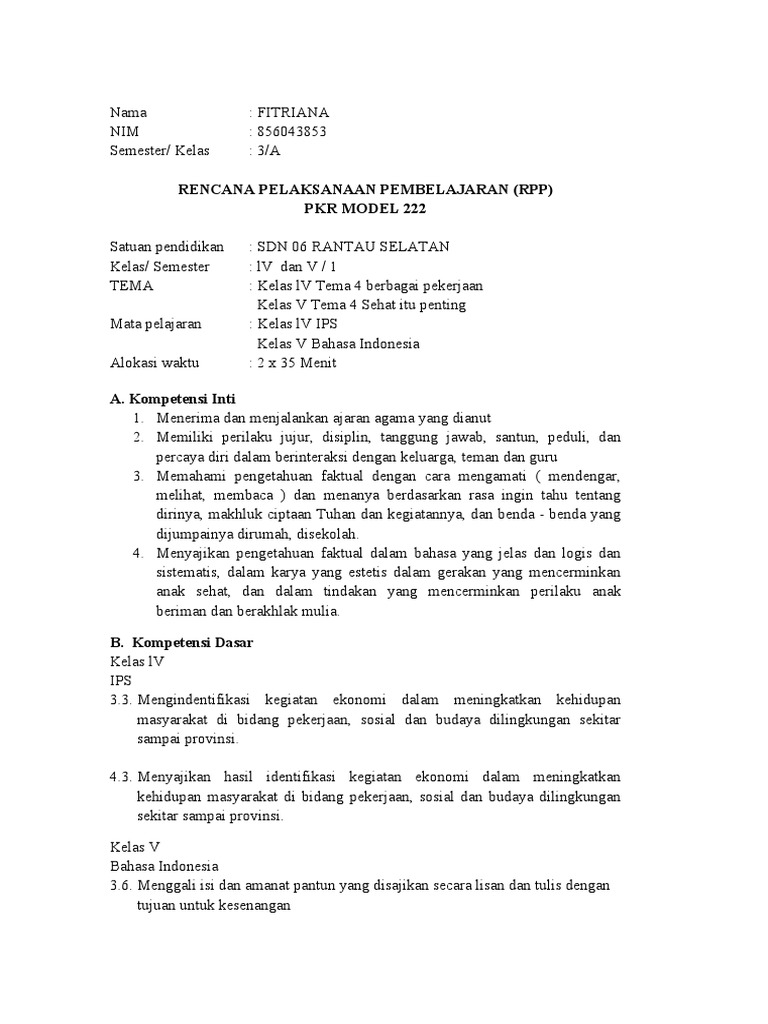 RPP Kelas Rangkap PKR Model 222 | PDF | Karier & Perkembangan