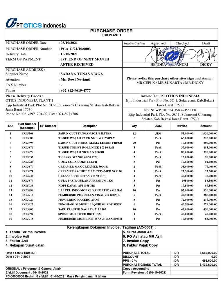 Purchase Order for Cleaning and Sanitation Supplies for Plant 1 | PDF