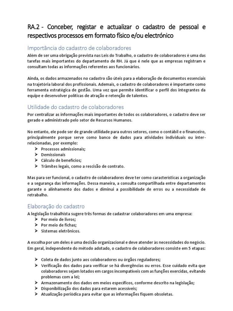 RA.2 - Conceber, Registar e Actualizar o Cadastro de Pessoal e ...