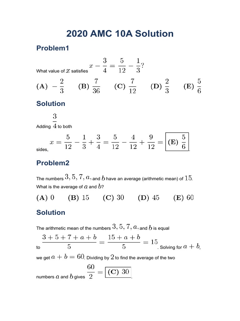 2020 AMC 10A Solution PDF Quadratic Equation Factorization