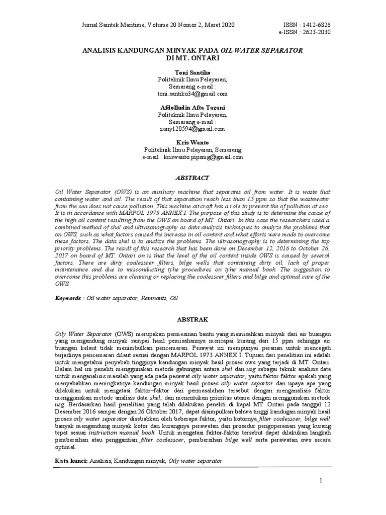 Analysis of Oil Content in the Oil Water Separator on Board MT. Ontari PDF Environmental