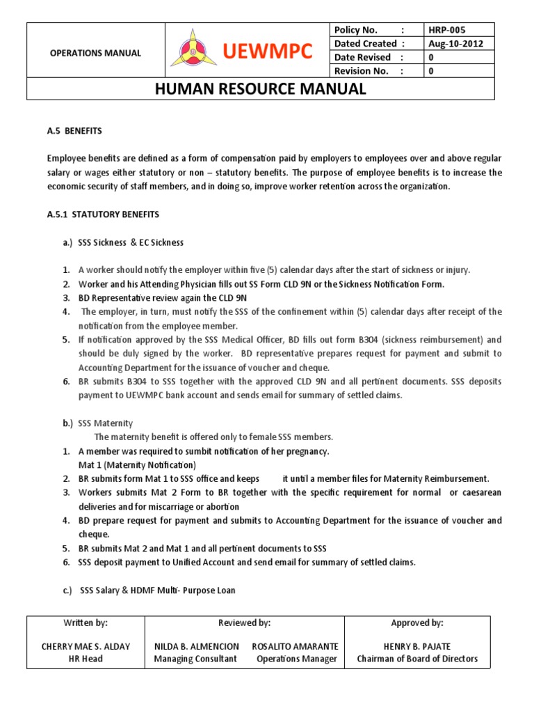 Uewmpc Human Resource Manual PDF Employment Employee Benefits