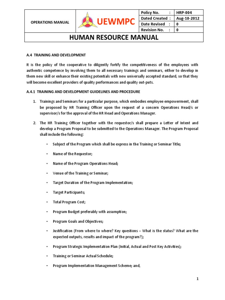 Uewmpc Human Resource Manual PDF Employment Human Resources