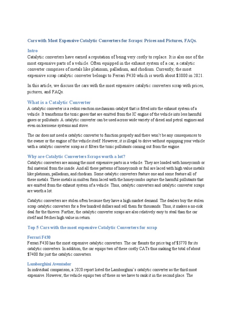 Cars With Most Expensive Catalytic Converters For Scraps PDF Catalysis Land Vehicles