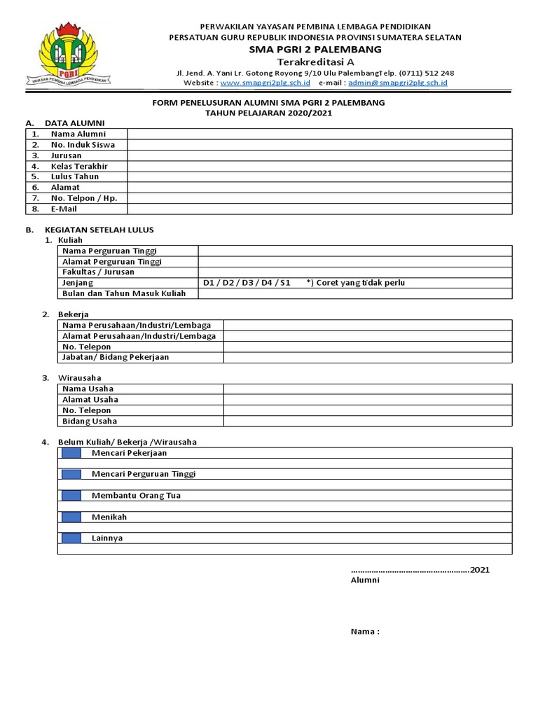 Formulir Penelusuran Alumni SMA PGRI 2 | PDF