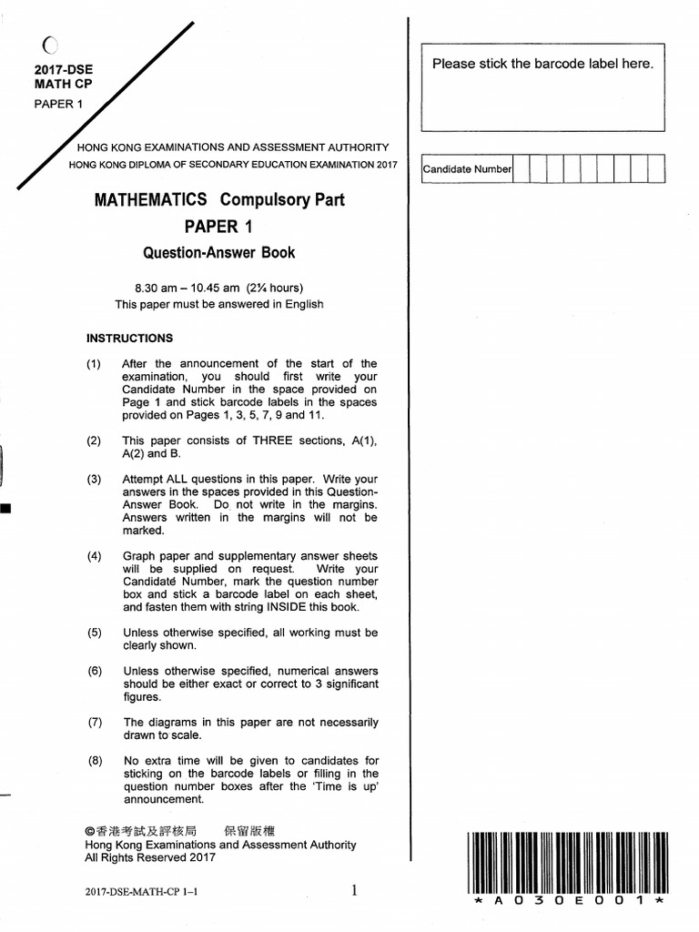 Compulsory Part Paper Mathematics: Question - Answer Book | PDF ...