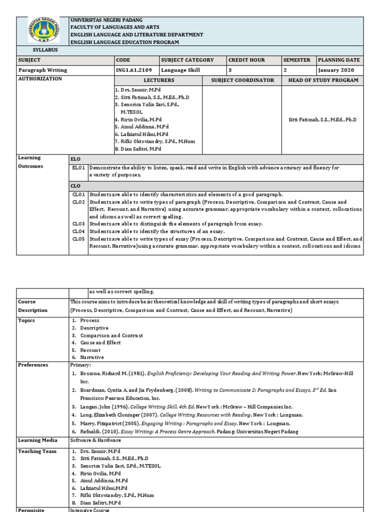 Syllabus for Paragraph Writing Course | PDF | Essays | Paragraph