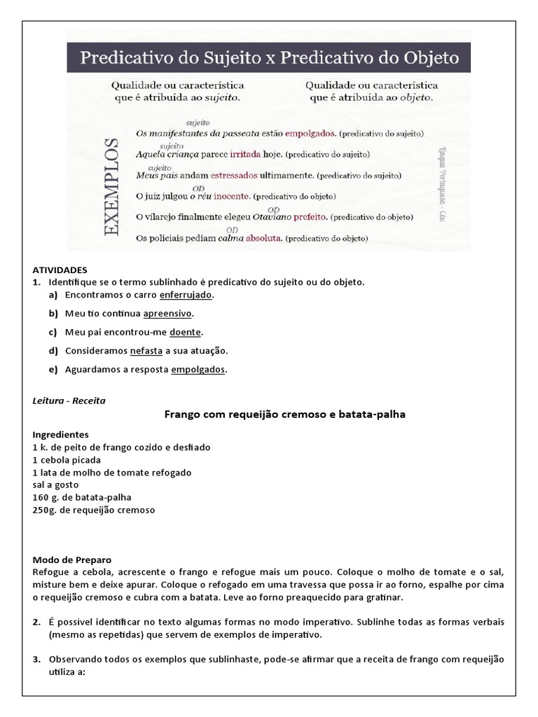 Predicativo Do Sujeito e Do Objeto | PDF | Assunto (gramática ...