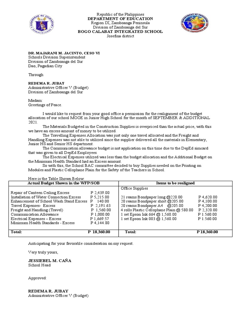Sample Of Realignment Of Funds