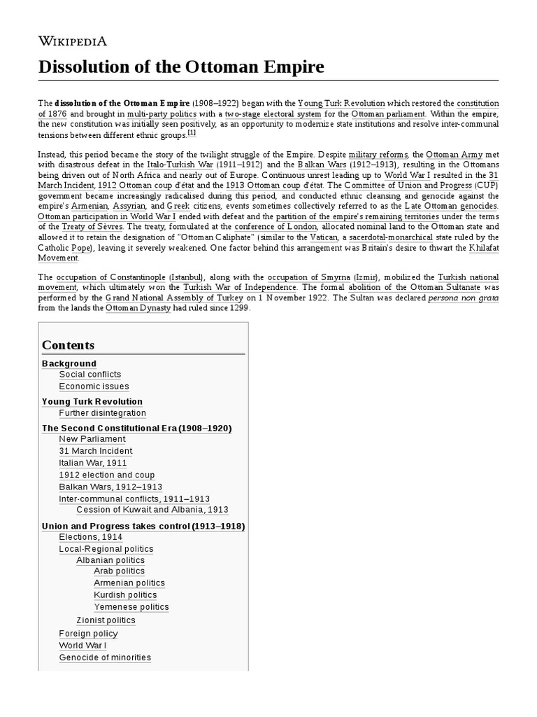 Dissolution of The Ottoman Empire PDF Ottoman Empire Politics Of