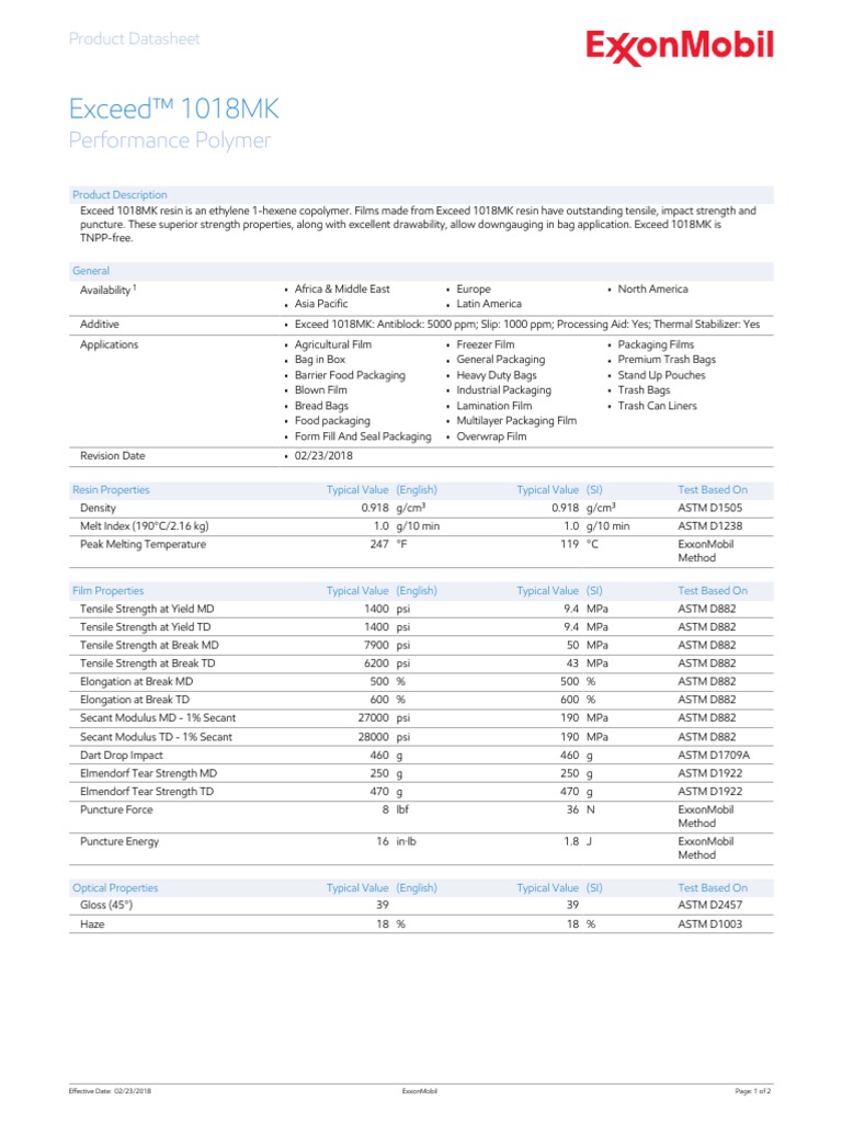 Exceed™ 1018MK: Performance Polymer | PDF | Chemical Substances ...