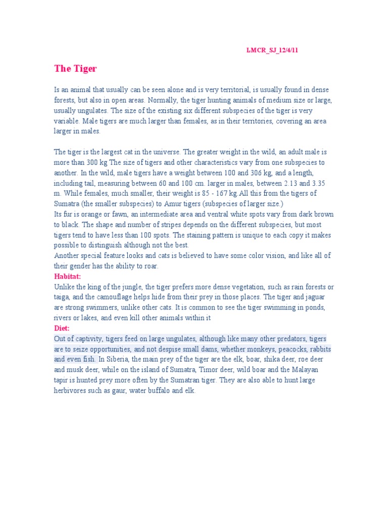 Tiger Facts: Habitat, Diet, and Size | PDF