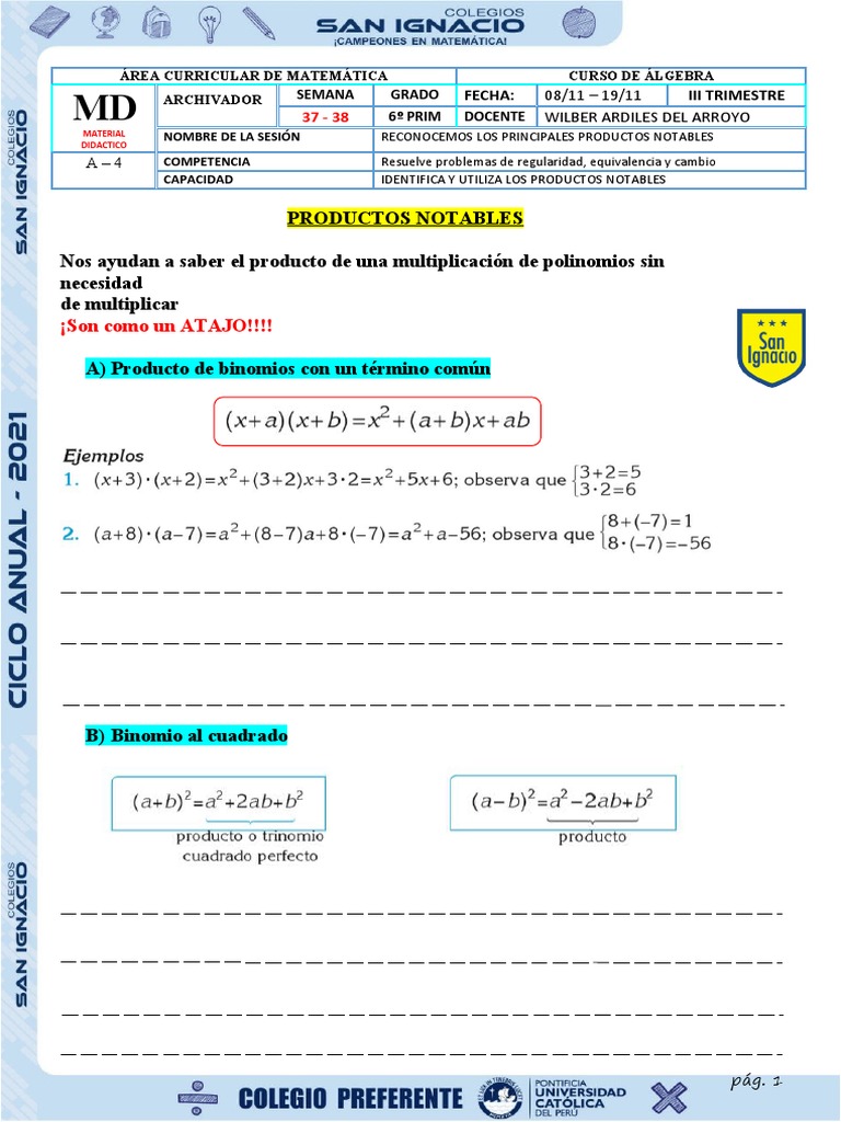 MD Algebra Multiplicacion de Polinomios-Prod Notables 6p A4 | PDF