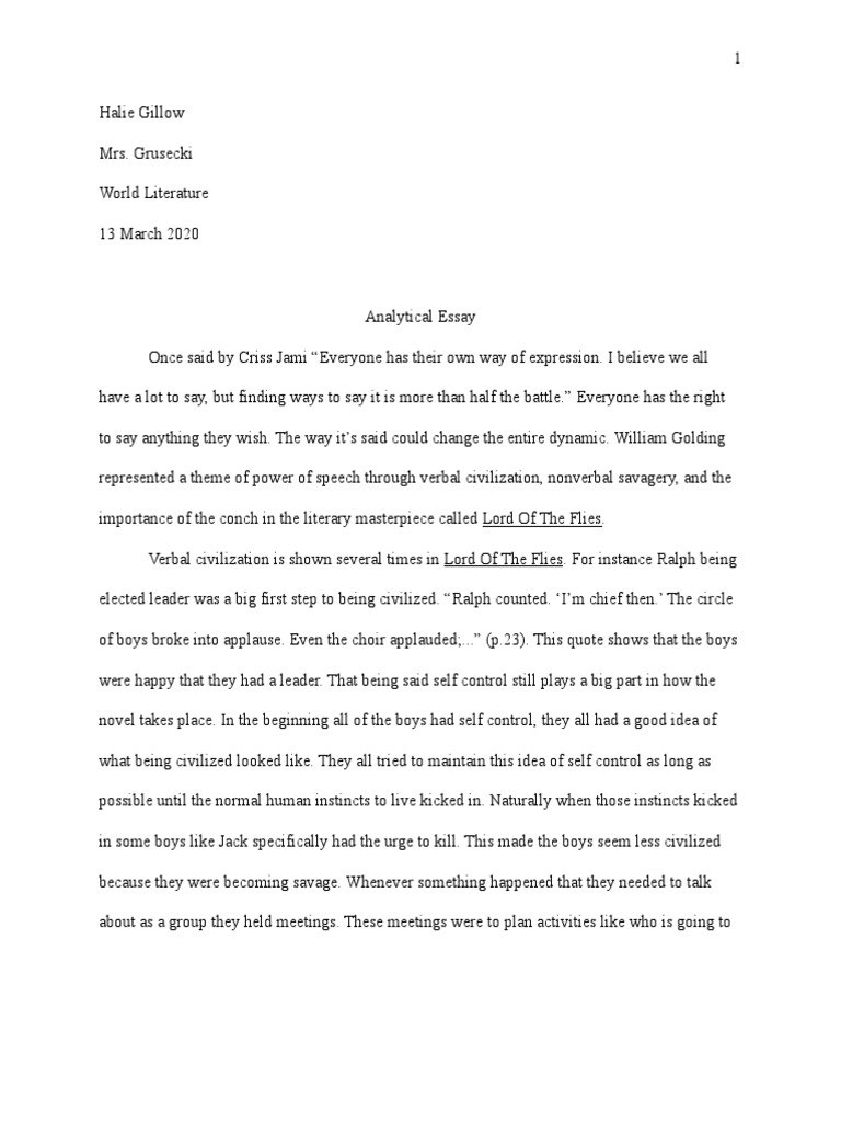analytical essay on lord of the flies