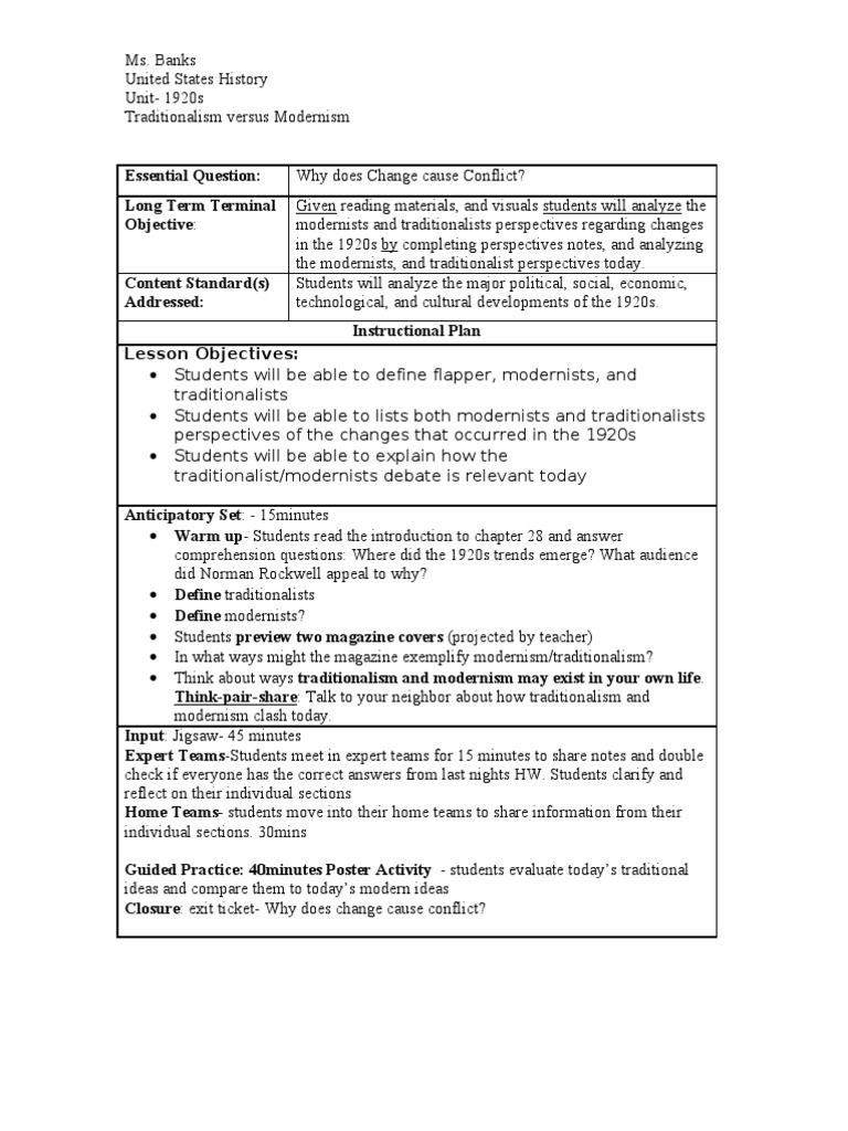 Chapter 29 - Traditionalism Vs Modernism Lesson Plan | PDF | Modernism