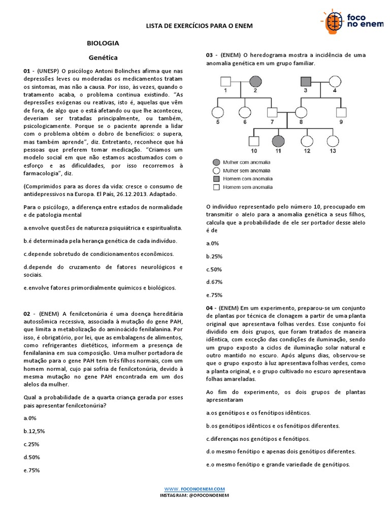 Genetica Lista de Exercicios Biologia ENEM | PDF | Dominância (genética ...