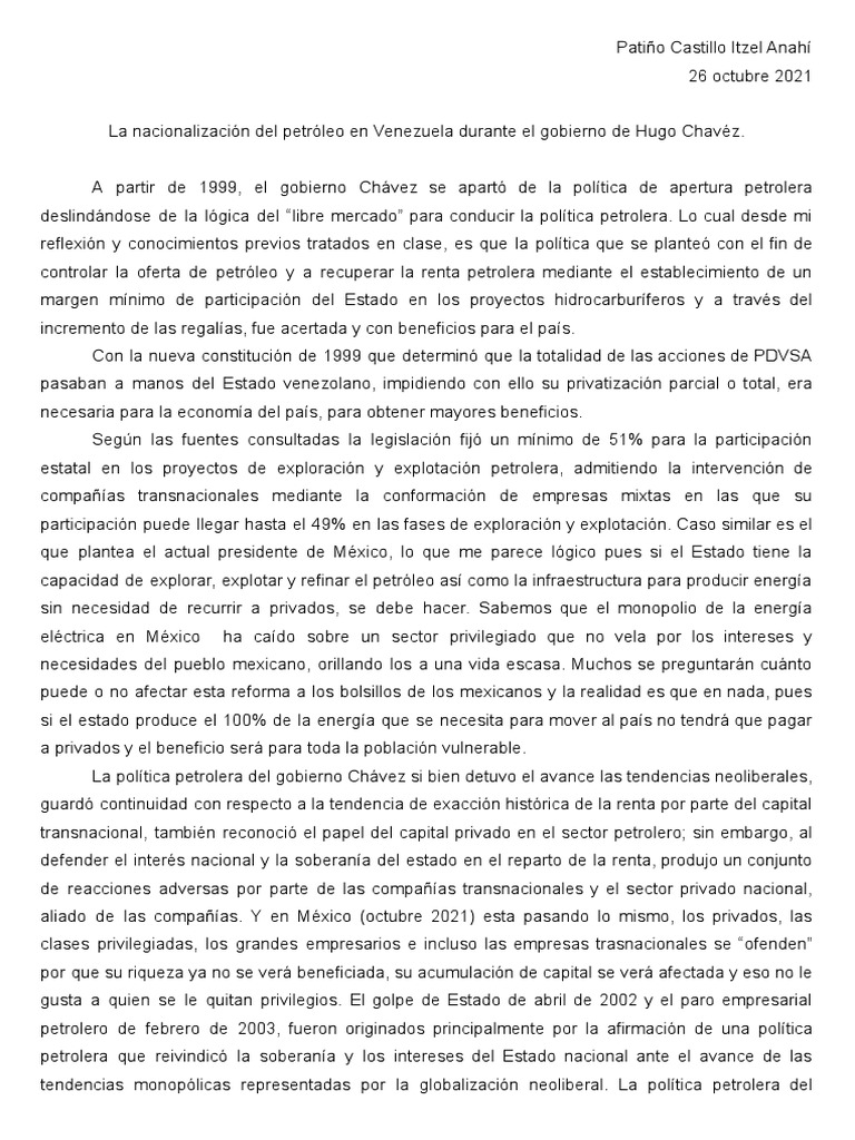 La nacionalización del petróleo venezuela. PDF Petróleo Hugo Chavez
