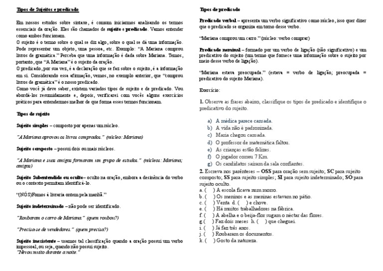Tipos de Sujeito e Predicado | PDF | Assunto (gramática) | Predicado ...