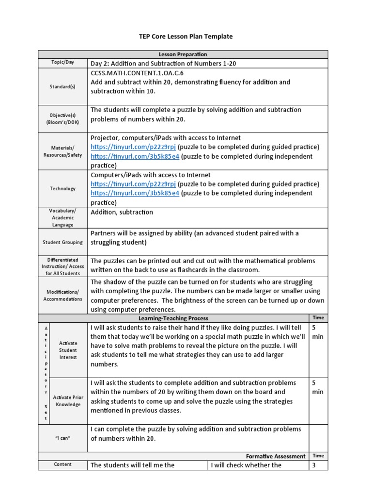Addition and Subtraction Lesson Plan | PDF | Lesson Plan | Cognition