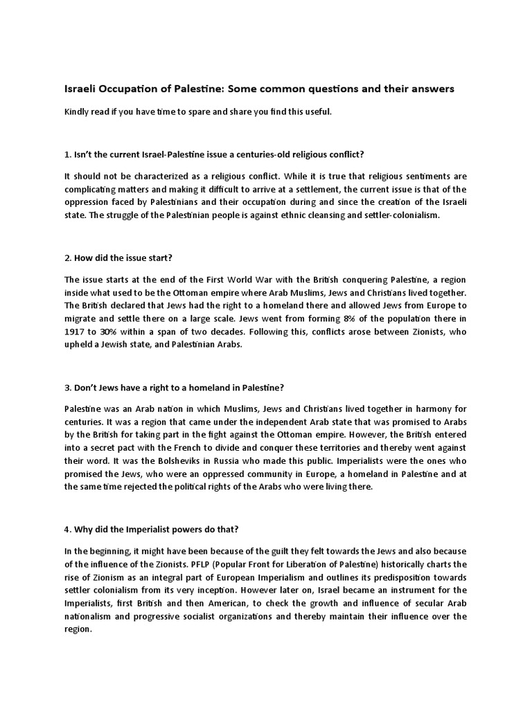 Israeli Occupation of Palestine: Some Common Questions and Their