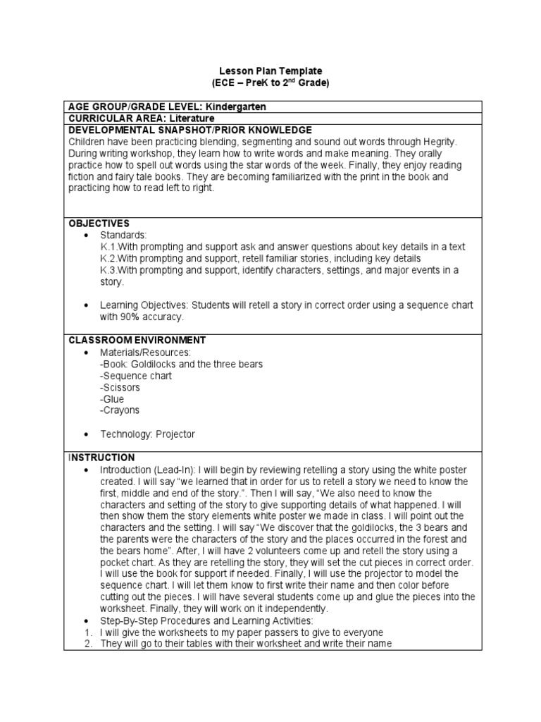Lesson Plan Template (Ece - Prek To 2 Grade) Age Group/Grade Level ...