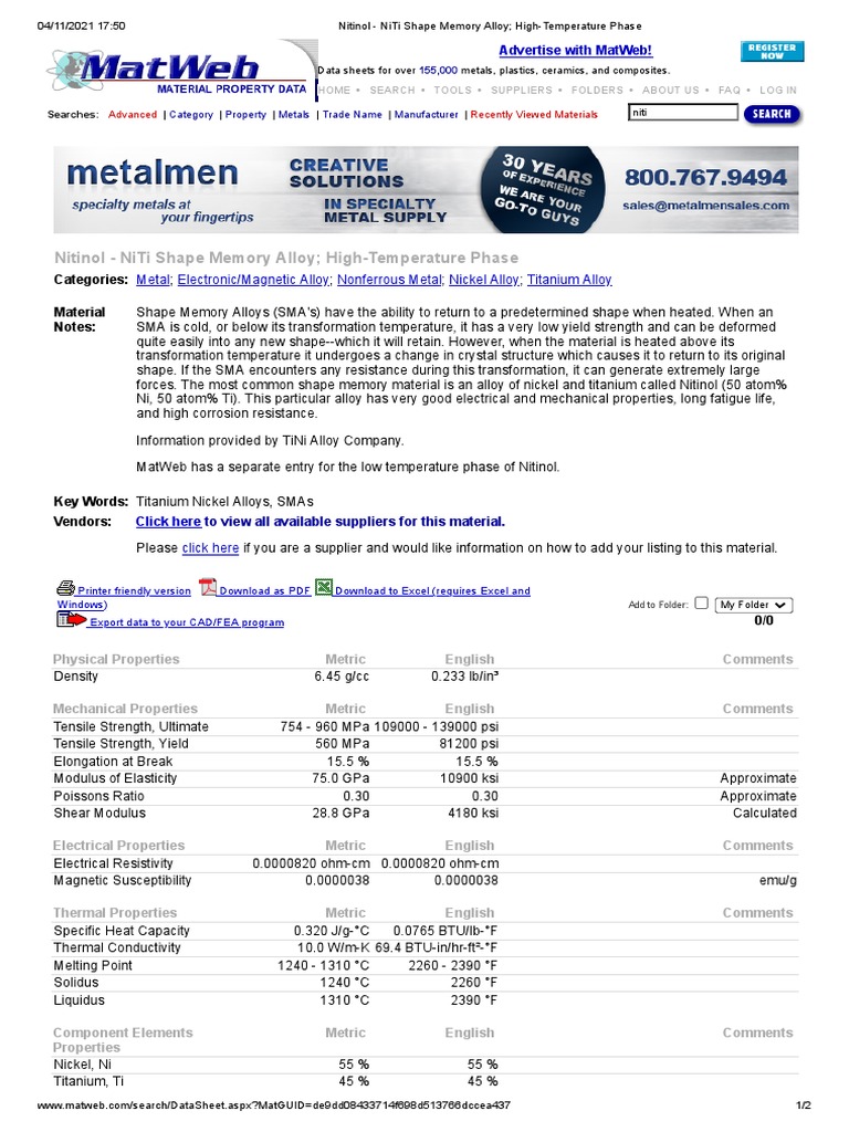 Nitinol NiTi Shape Memory Alloy HighTemperature Phase PDF Shape