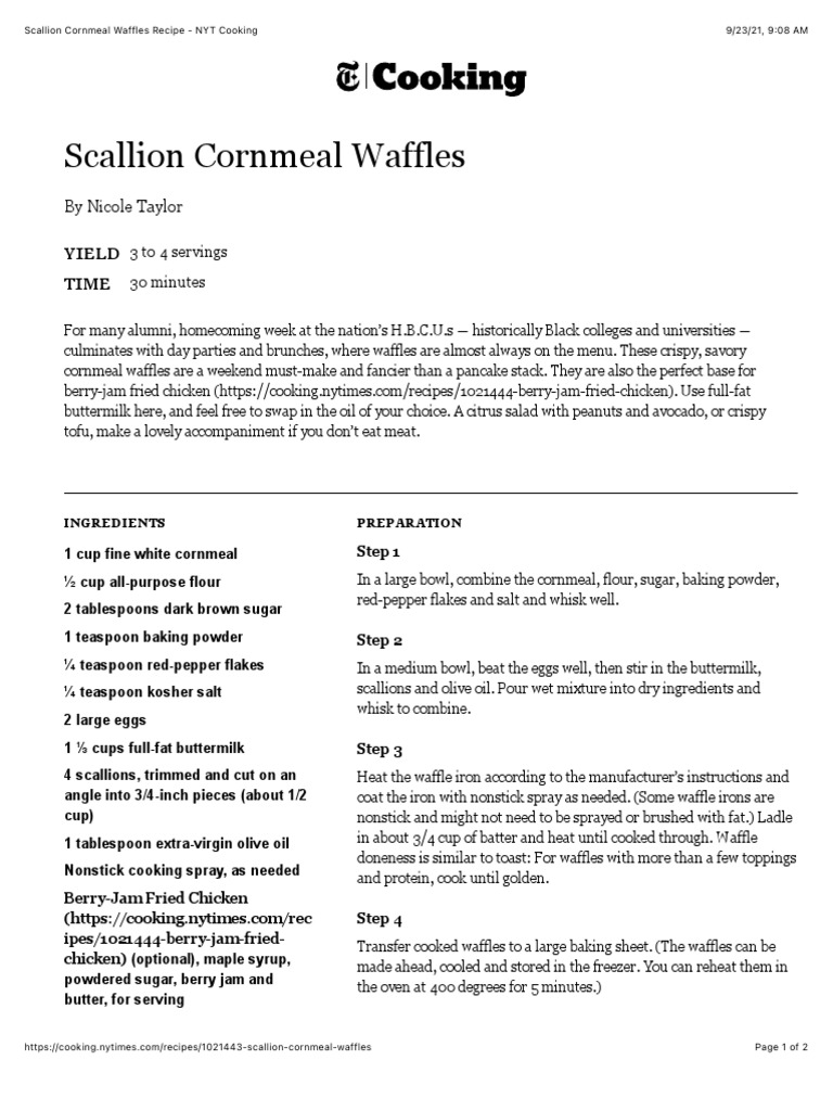 Scallion Cornmeal Waffles Recipe NYT Cooking PDF Waffle Pancake
