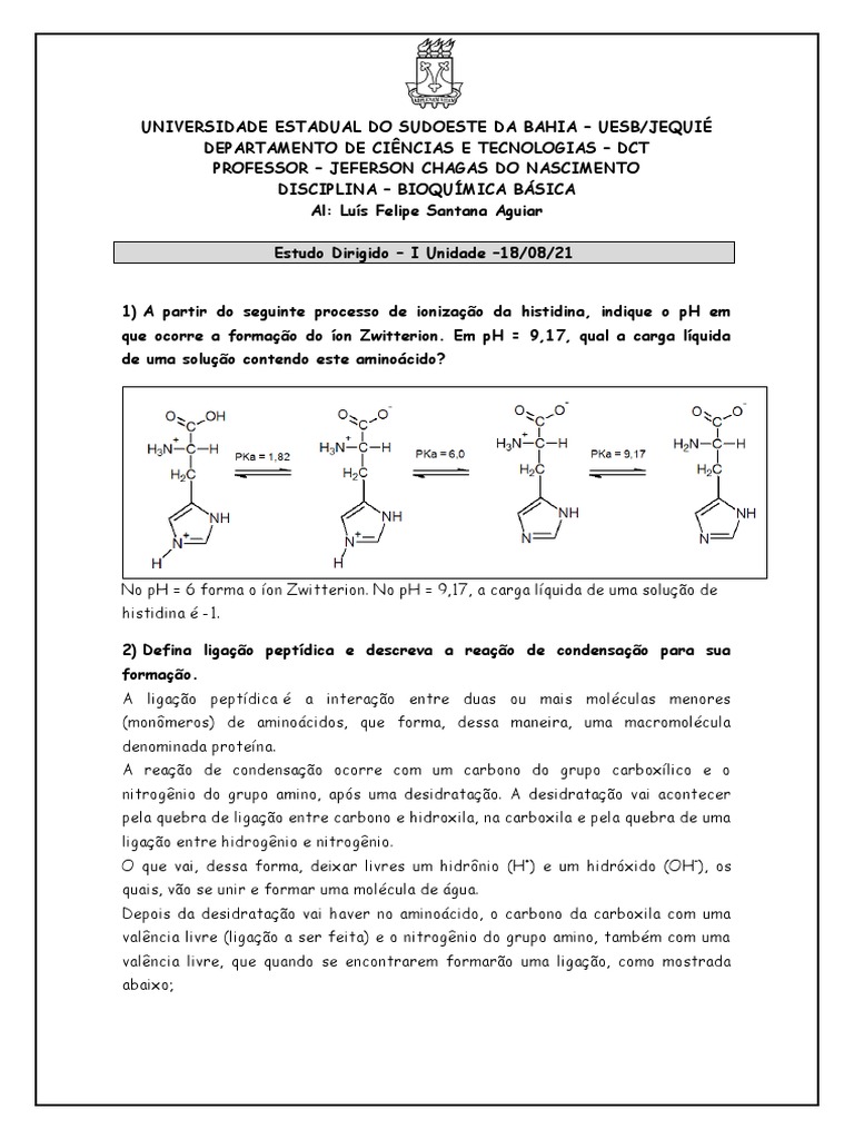Ionização e Estrutura da Histidina | PDF | Aminoácido | Proteínas, image size:768x1024