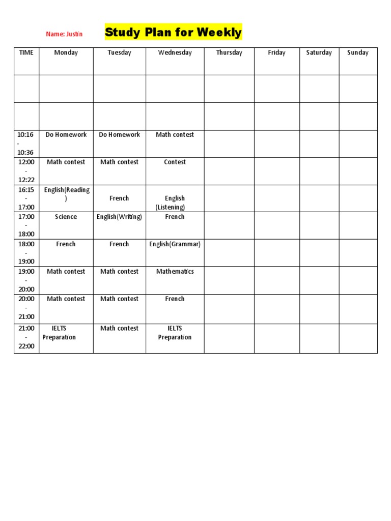 Study Plan For Weekly: Name: Justin | PDF