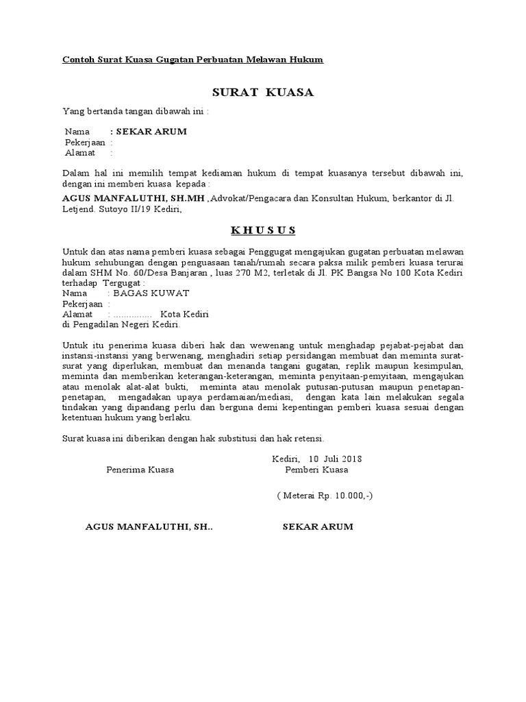 Contoh Surat Kuasa Gugatan Hukum | PDF