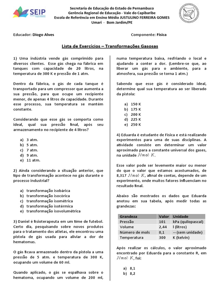 Lista de Exercícios: Transformações Gasosas | PDF | Gases | Pressão